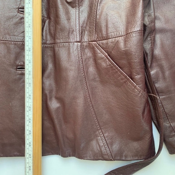 Vintage 90s Red Brown Leather Button Jacket Blazer Tie Waist Removable Lining L - Picture 11 of 16
